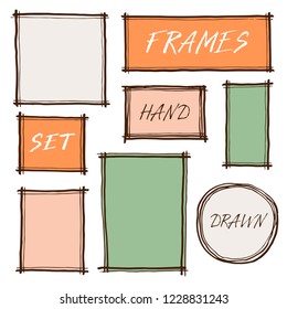 Hand drawn set of simple frame and border with different shapes: square, oval. Cut isolated vector illustration for your banner design. Doodle sketch style. Frame element drawn by brush-pen. 