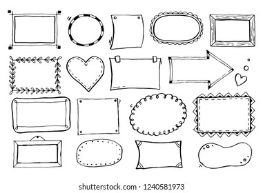 Hand drawn set of simple frame and border with different shapes: heart, square, oval. Cut isolated vector illustration for your banner design. Doodle sketch style. Frame element drawn by brush-pen. 