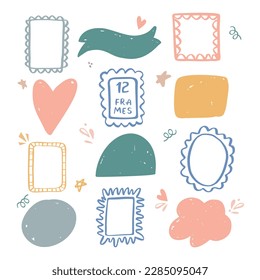 Hand drawn set of simple frame and border with different shapes isolated on white
