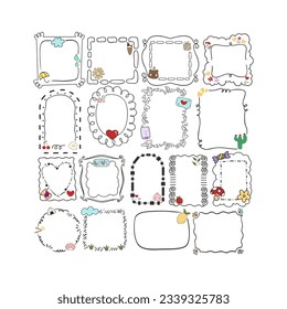 Hand drawn set of simple frame and border with different shapes: heart, square, oval. Cute isolated vector illustration for your banner design. Doodle sketch style. Hand drawn line frame.