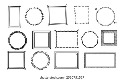 Conjunto dibujado a mano de marco simple y borde con diferentes Formas: corazón, cuadrado, oval. Corte la Ilustración vectorial aislada para su diseño de Anuncio. Estilo de boceto Doodle. Elemento de marco dibujado por pincel-pluma.