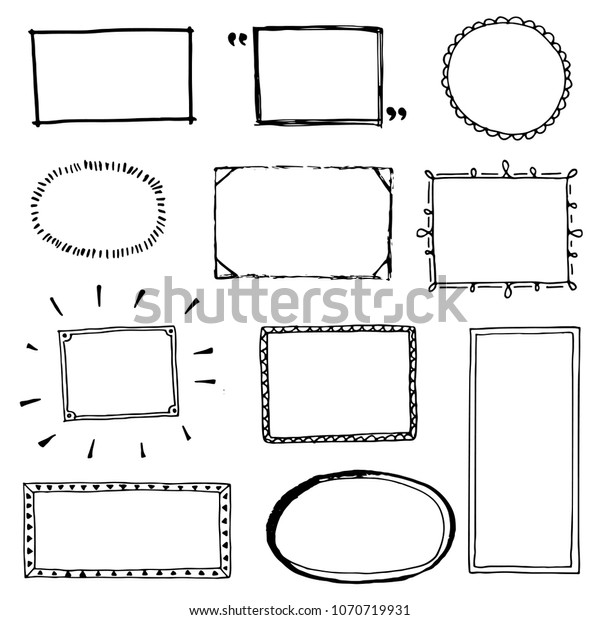 さまざまな形状の単純な枠と枠の手描きのセット ハート 正方形 楕円