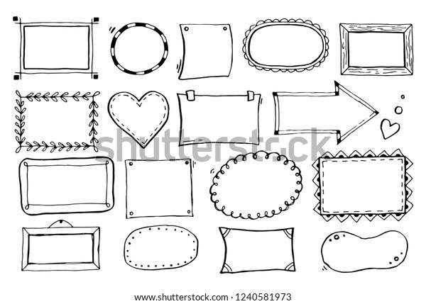 さまざまな形状の単純な枠と枠の手描きのセット ハート 正方形 楕円 バナーデザイン用の切り取り線付きベクターイラスト 落書き風スケッチスタイル ブラシペンで描いたフレームエレメント のベクター画像素材 ロイヤリティフリー