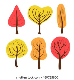 Hand drawn set of six autumn trees on white background.