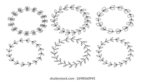 conjunto desenhado à mão de seis quadros florais circulares pretos com folha 