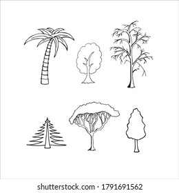 Hand drawn set of six trees isolated on white background. Vector illustration. Simple sketch

