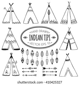 Hand drawn set of six wigwams with ornamental elements and a set of six arrows and eight leaf dividers. Teepee designs. Vector illustation isolated on background.