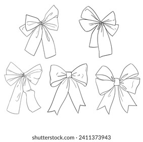 Hand drawn set sketch bow. Vector illustration. INK Bow Isolated On White Background. Design element for Christmas, holiday, birthday card, banner, background.Sketch drawing graphic element collection