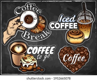 Hand drawn set of sketch coffee logo isolated on chalkboard. Hot drink sticker on blackboard. Iced coffee, espresso, latte, cappuccino, croissant, cinnamon roll. Icon for cafe. Vector illustration.