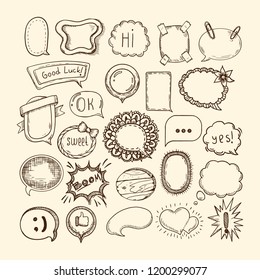 Hand drawn set of sketch of different cute speech bubble and stickers. Modern vector illustration isolated in the style of engraving, design elements.