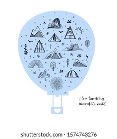 Hand drawn set of sketch mountains, tents, trees. Vector illustration of different travel elements, isolated on the blue background in shape of air balloon.Engraving style.
