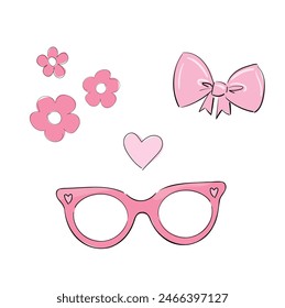 Hand Drawn set sketch, pink bow, heart, flowers, sunglasses vector illustration