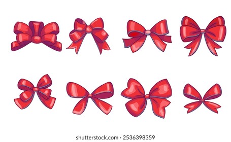 Hand drawn set sketch red bows Isolated On White Background. Vector illustration .Design element for Christmas, holiday, birthday card, banner, background