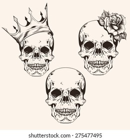 Hand drawn set sketch skulls tattoo design line art. Vintage vector illustration isolated on background.