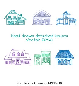 Hand drawn set of sketched typical country houses. Front view. Typical american house, spanish villa, swiss chalet, mexican house. Vector illustration.Vector stock illustration. Winter Christmas house
