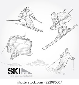 Hand Drawn  set of Ski. vector illustration