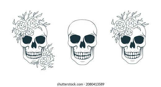 Hand drawn set with skulls and flowers. Vector isolated horror illustration in vintage style  for tattoo, t-shirt design, textile, bags.