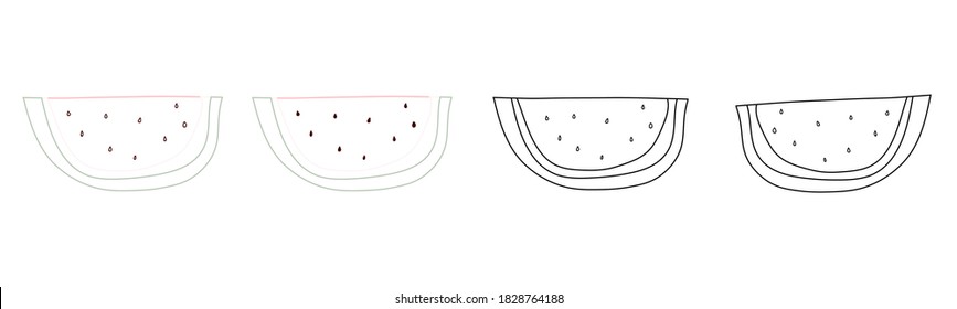 Hand drawn set  slice of watermelons. Summer design element with watermelon. Doodle line fruit. Vector stock illustration.	
