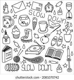 Conjunto dibujado a mano de elementos de doodle de vida lenta, ralentiza los símbolos. Estilo de dibujo de Doodle.