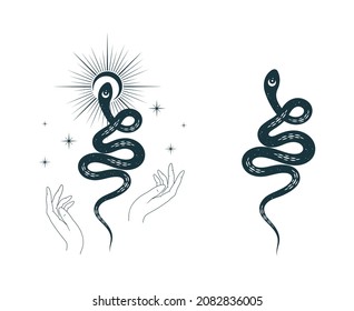 Hand drawn set with snake and  wriggling serpent with stars and the sun. Celestial witchcraft prints for design of t-shirts, fabrics, tattoo, cards 