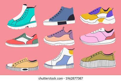 Hand drawn set of sneakers. Trendy vector illustration.