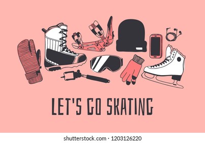 Hand drawn set with Snowboarding and 
Ice Skating Things. Winter Sport vector background. Actual fashion illustration. Original doodle style drawing. Creative ink art work