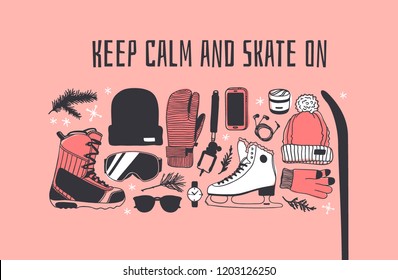 Hand drawn set with Snowboarding and 
Ice Skating Things. Winter Sport vector background. Actual fashion illustration. Original doodle style drawing. Creative ink art work