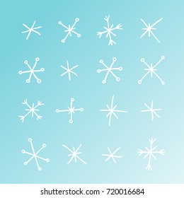 Hand drawn set of snowflakes. Blue and white background. Abstract  doodle drawing snow. Vector art illustration