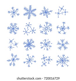 Hand drawn set of snowflakes. Blue on white background. Abstract  doodle drawing snow. Vector art illustration