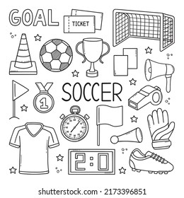 Hand drawn set of soccer doodle. Football elements in sketch style. Football ball, gates, stopwatch, gloves. Vector illustration isolated on white background.