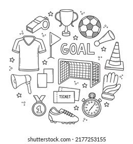 Hand drawn set of soccer doodle. Football elements in sketch style. Football ball, gates, stopwatch, gloves. Vector illustration isolated on white background.