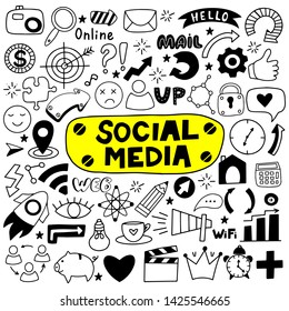 Hand drawn set of social media on a white background. Vector doodles. 