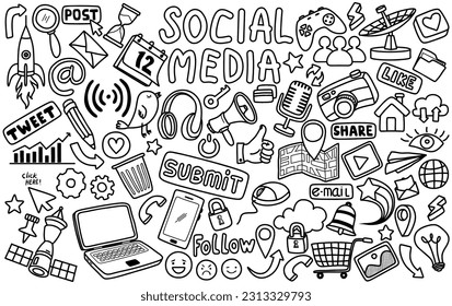 Hand drawn set of social media sign and symbol doodles elements. Isolated on white background