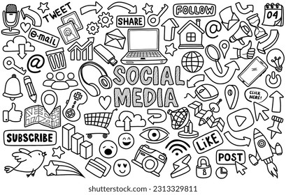 Hand drawn set of social media sign and symbol doodles elements. Isolated on white background