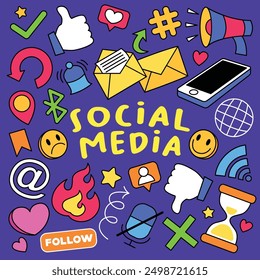 Hand drawn set of social media sign and symbol doodles elements