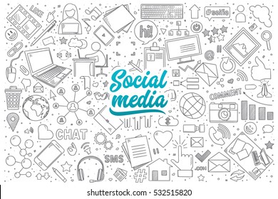 Hand drawn set of social media doodles with blue lettering in vector