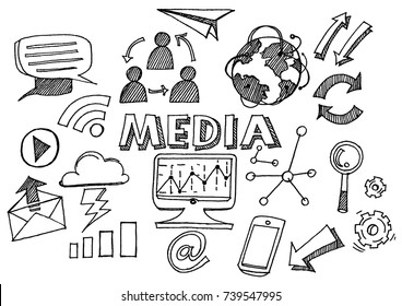 Hand drawn  set of social media sign and symbol doodles elements, line art Doodle cartoon set of objects and symbols on the Social Media theme. vector illustration
