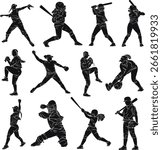 Hand drawn set of softball female players in silhouette playing hitting, swinging, catching, throwing the ball and celebrating the win