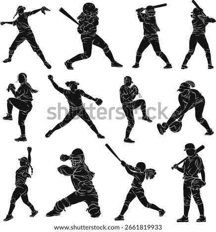 Hand drawn set of softball female players in silhouette playing hitting, swinging, catching, throwing the ball and celebrating the win