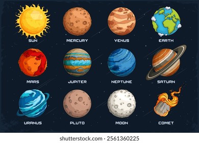 Hand drawn set of solar system planets with the sun and the moon and a comet in outer space universe