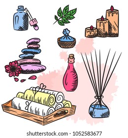Hand drawn set of spa attributes. Template for design of Spa , Wellness center. Vector illustration.Collection of beauty and spa line drawings