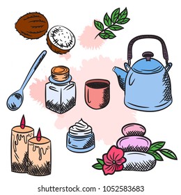 Hand drawn set of spa attributes. Template for design of Spa , Wellness center. Vector illustration.Collection of beauty and spa line drawings