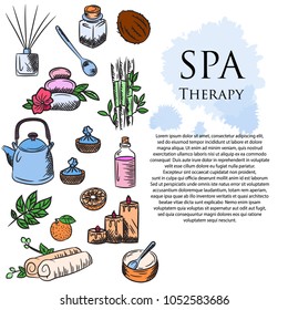 Hand drawn set of spa attributes. Template for design of Spa , Wellness center. Vector illustration.Collection of beauty and spa line drawings