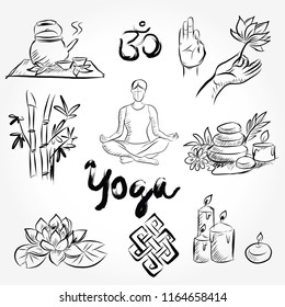 Hand drawn set of spa attributes. Template for design of Spa , . Vector illustration.Collection of yoga and spa line drawings