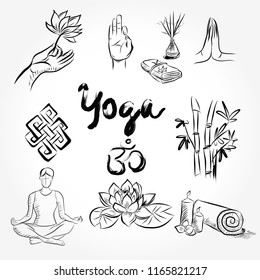 Hand drawn set of spa attributes. Template for design of Spa , . Vector illustration.Collection of yoga and spa line drawings