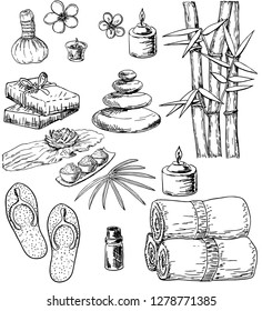 Hand drawn set of spa attributes. Template for design of Spa and beauty salon, Wellness center. Vector illustration. Spa sketch set.