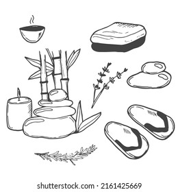 Hand drawn set of spa attributes. Template for design of Spa , Wellness center. Vector illustration.Collection of beauty and spa line drawings
