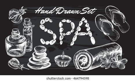 Hand drawn set of spa attributes. Template for design of Spa and beauty salon, Wellness center. Vector illustration.