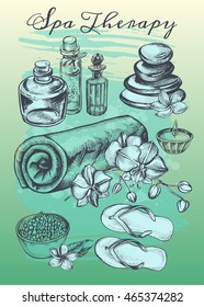Hand drawn set of spa attributes. Template for design of Spa and beauty salon, Wellness center. Vector illustration.