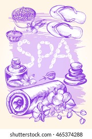 Hand drawn set of spa attributes. Template for design of Spa and beauty salon, Wellness center. Vector illustration.